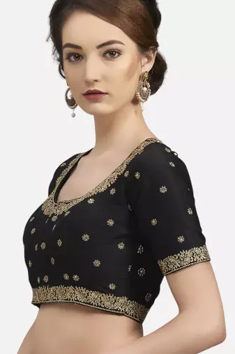 Embroidered black silk georgette princess cut padded readymade saree blouse