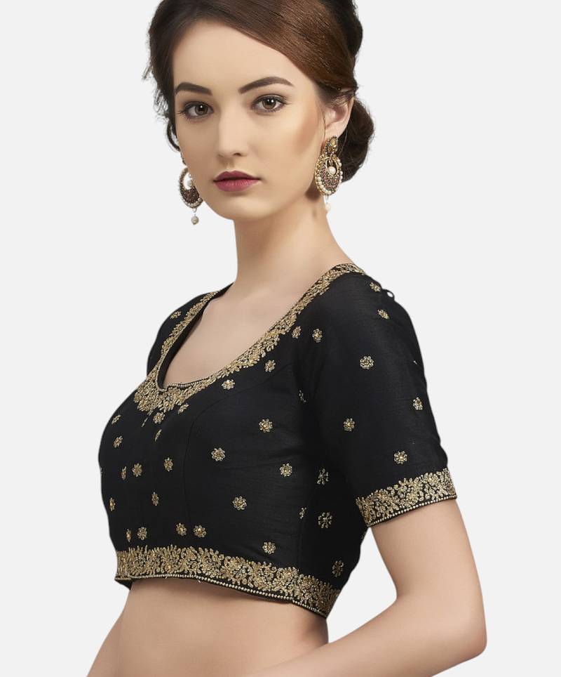 Embroidered black silk georgette princess cut padded readymade saree blouse