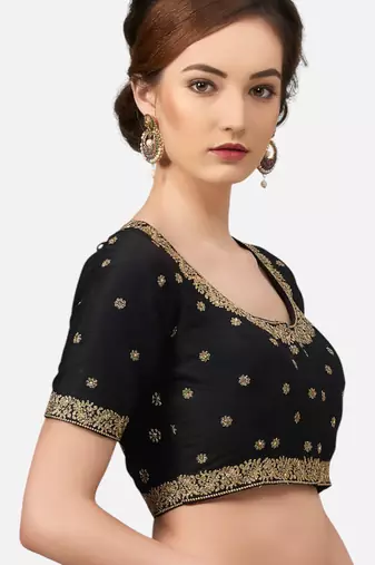 Embroidered black silk georgette princess cut padded readymade saree blouse
