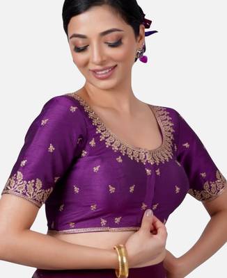 Purple silk round neck half sleeves readymade blouse 1
