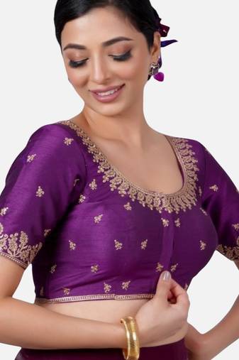 Purple silk round neck half sleeves readymade blouse