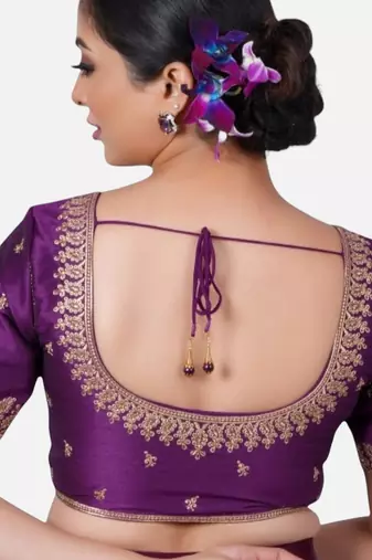 Purple silk round neck half sleeves readymade blouse