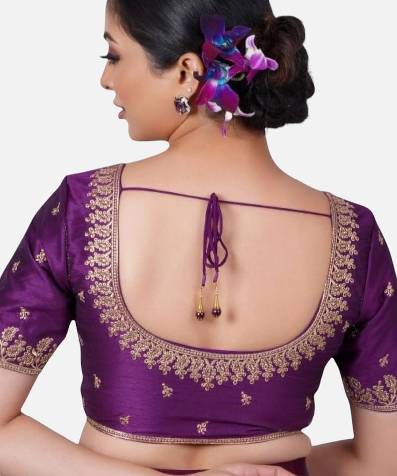 Purple silk round neck half sleeves readymade blouse