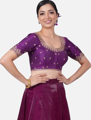 Purple silk round neck half sleeves readymade blouse 3