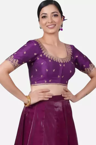 Purple silk round neck half sleeves readymade blouse