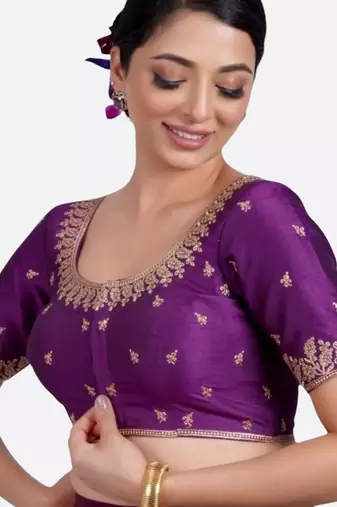 Purple silk round neck half sleeves readymade blouse