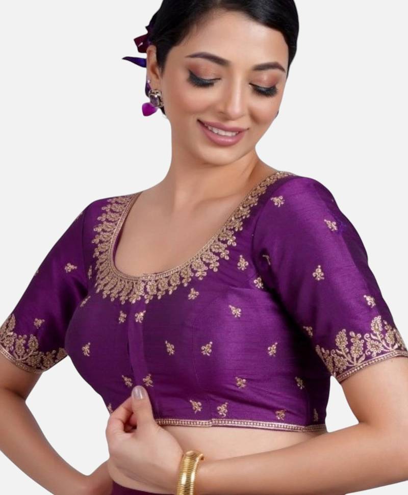 Purple silk round neck half sleeves readymade blouse