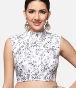 White floral printed high-neck sleeveless readymade saree blouse