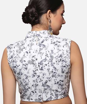 White floral printed high-neck sleeveless readymade saree blouse 2