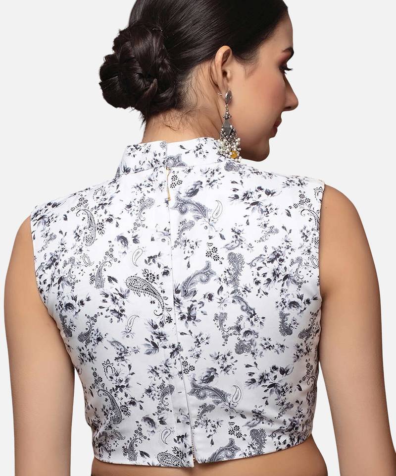 White floral printed high-neck sleeveless readymade saree blouse