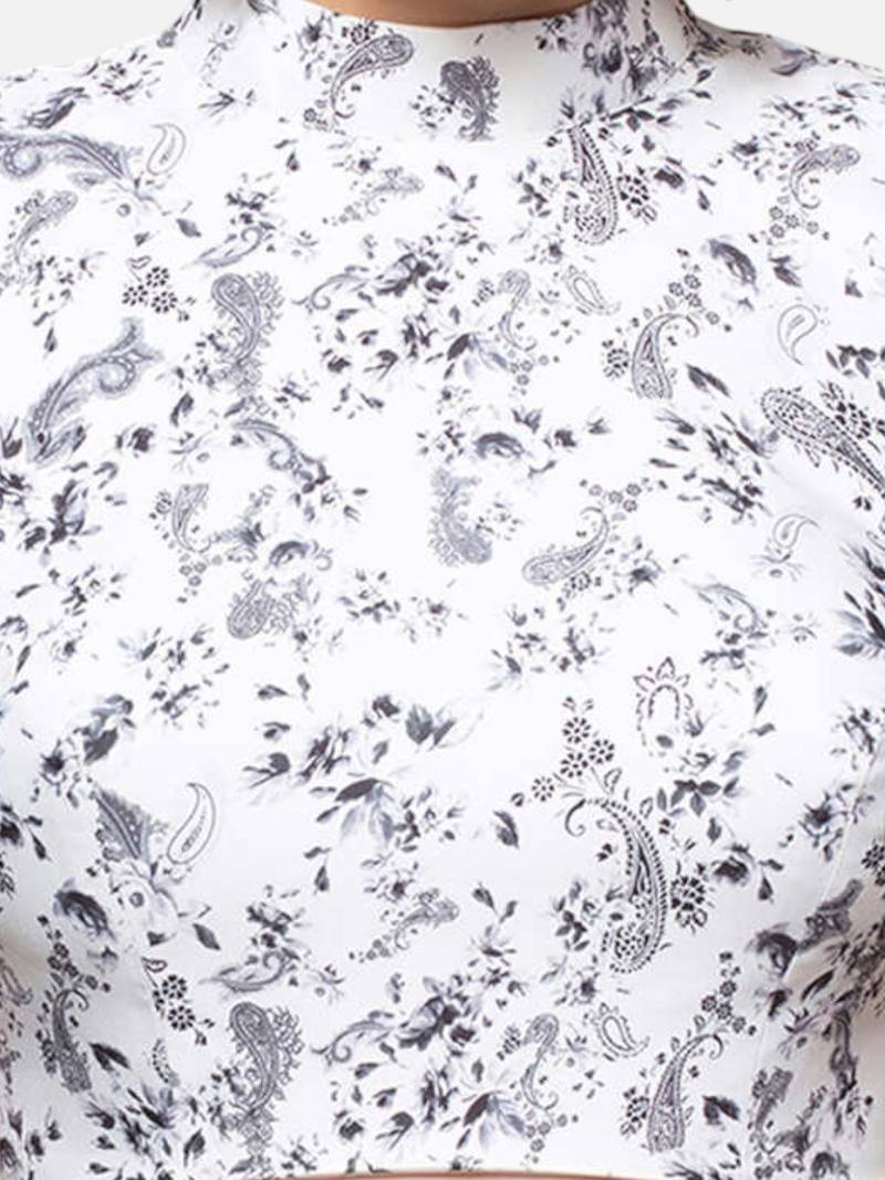 White floral printed high-neck sleeveless readymade saree blouse