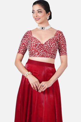 Maroon silk deep neck half sleeves readymade blouse