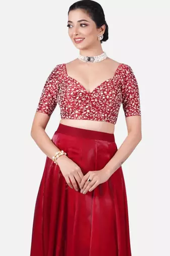 Maroon silk deep neck half sleeves readymade blouse