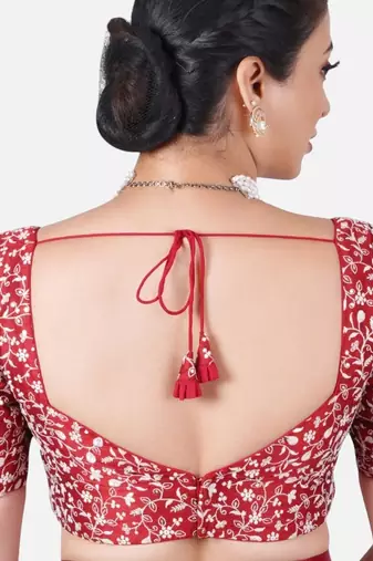 Maroon silk deep neck half sleeves readymade blouse