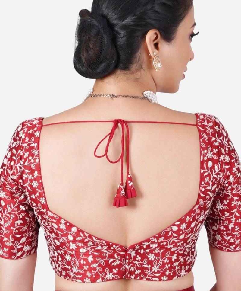 Maroon silk deep neck half sleeves readymade blouse