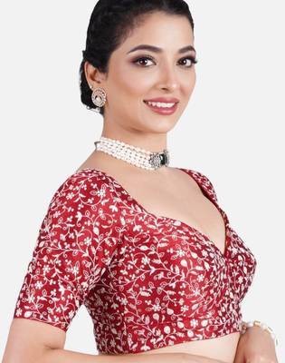 Maroon silk deep neck half sleeves readymade blouse 4