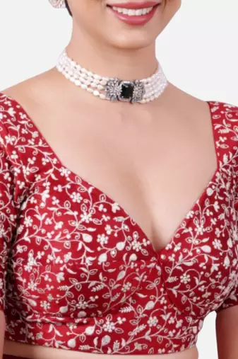 Maroon silk deep neck half sleeves readymade blouse