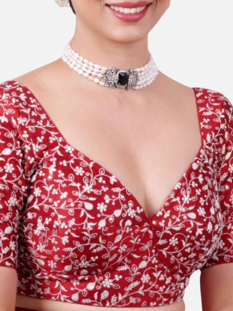 Maroon silk deep neck half sleeves readymade blouse