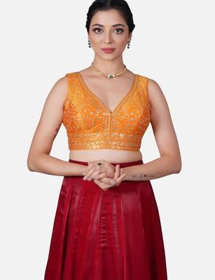 Orange deep neck sleeveless readymade saree blouse 1