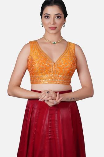 Orange deep neck sleeveless readymade saree blouse