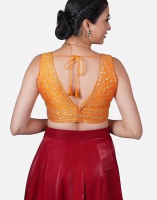 Orange deep neck sleeveless readymade saree blouse 2