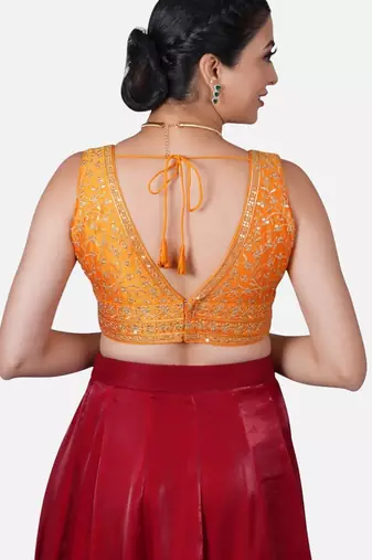 Orange deep neck sleeveless readymade saree blouse