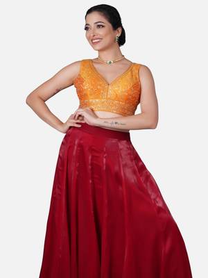 Orange deep neck sleeveless readymade saree blouse 3
