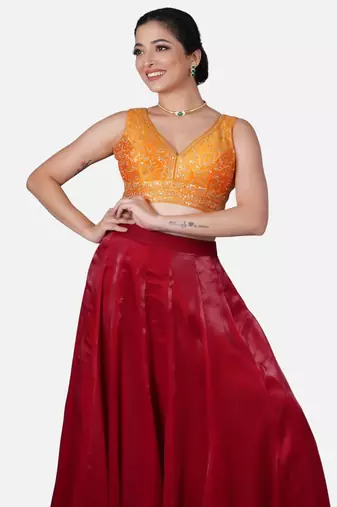 Orange deep neck sleeveless readymade saree blouse