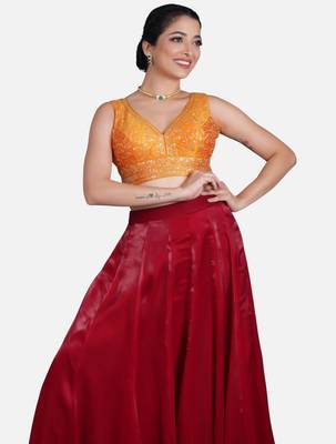Orange deep neck sleeveless readymade saree blouse 4