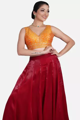 Orange deep neck sleeveless readymade saree blouse