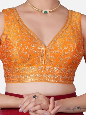 Orange deep neck sleeveless readymade saree blouse 5