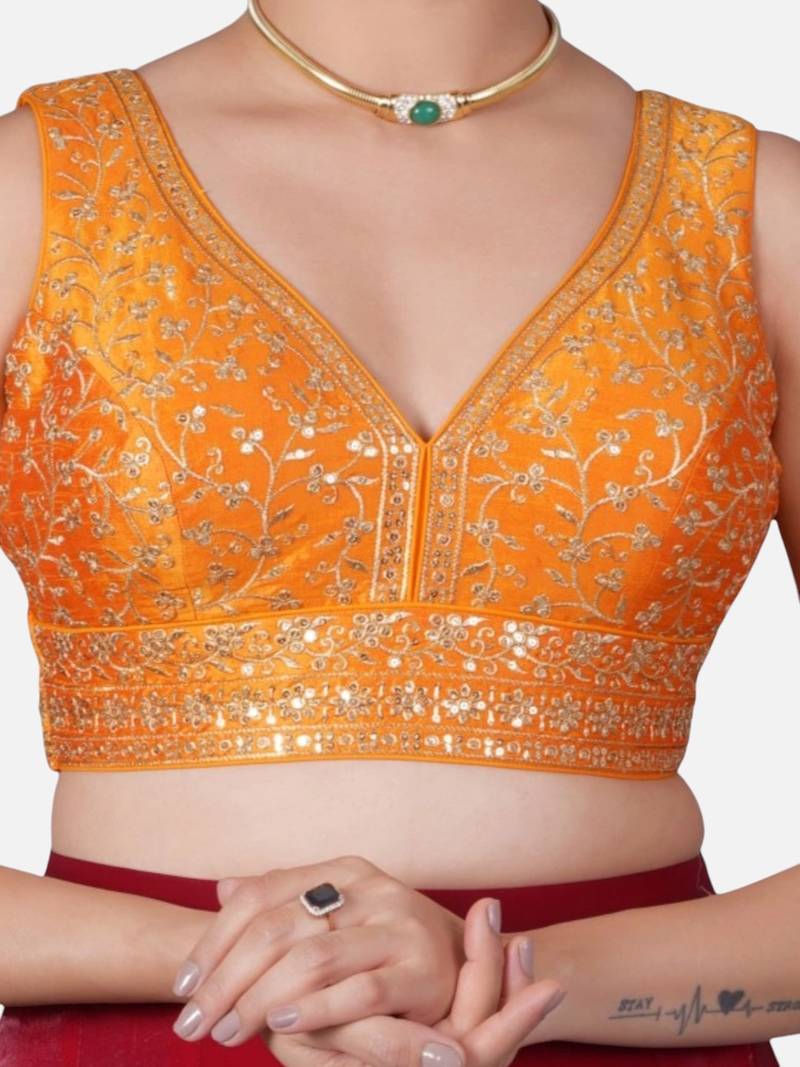 Orange deep neck sleeveless readymade saree blouse