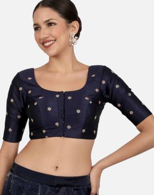 Navy blue kora silk golden zari work half sleeve readymade saree blouse 1