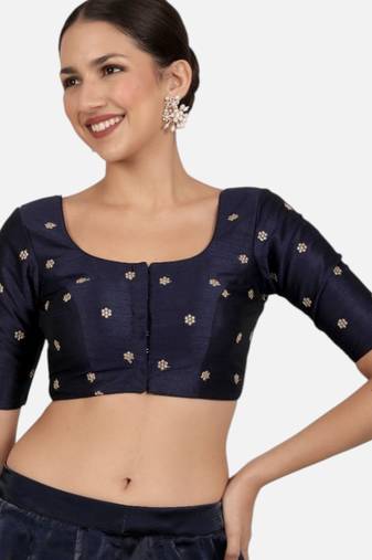 Navy blue kora silk golden zari work half sleeve readymade saree blouse