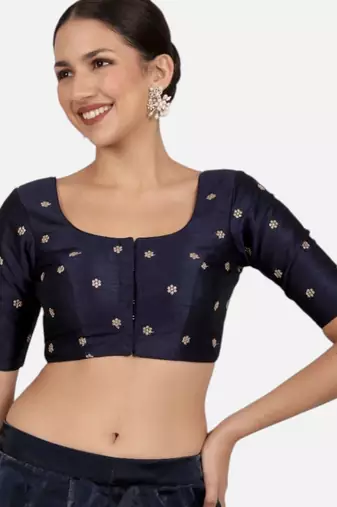 Navy blue kora silk golden zari work half sleeve readymade saree blouse