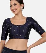 Navy blue kora silk golden zari work half sleeve readymade saree blouse