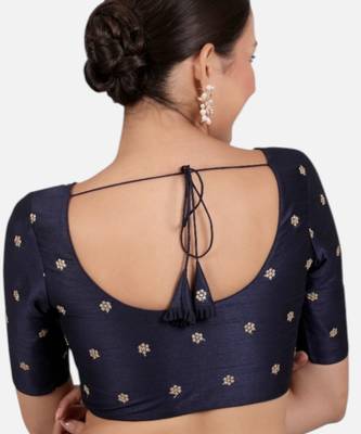 Navy blue kora silk golden zari work half sleeve readymade saree blouse 2
