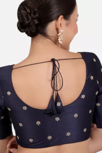 Navy blue kora silk golden zari work half sleeve readymade saree blouse