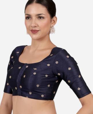 Navy blue kora silk golden zari work half sleeve readymade saree blouse 3