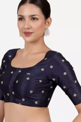 Navy blue kora silk golden zari work half sleeve readymade saree blouse
