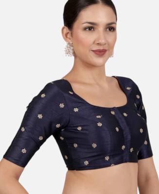 Navy blue kora silk golden zari work half sleeve readymade saree blouse 4