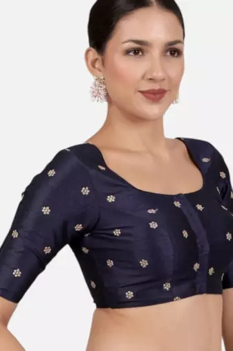 Navy blue kora silk golden zari work half sleeve readymade saree blouse