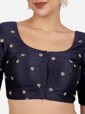 Navy blue kora silk golden zari work half sleeve readymade saree blouse 5