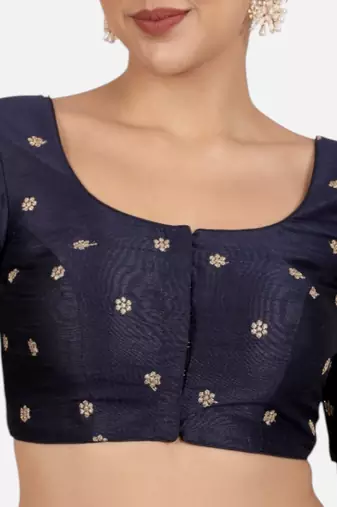 Navy blue kora silk golden zari work half sleeve readymade saree blouse
