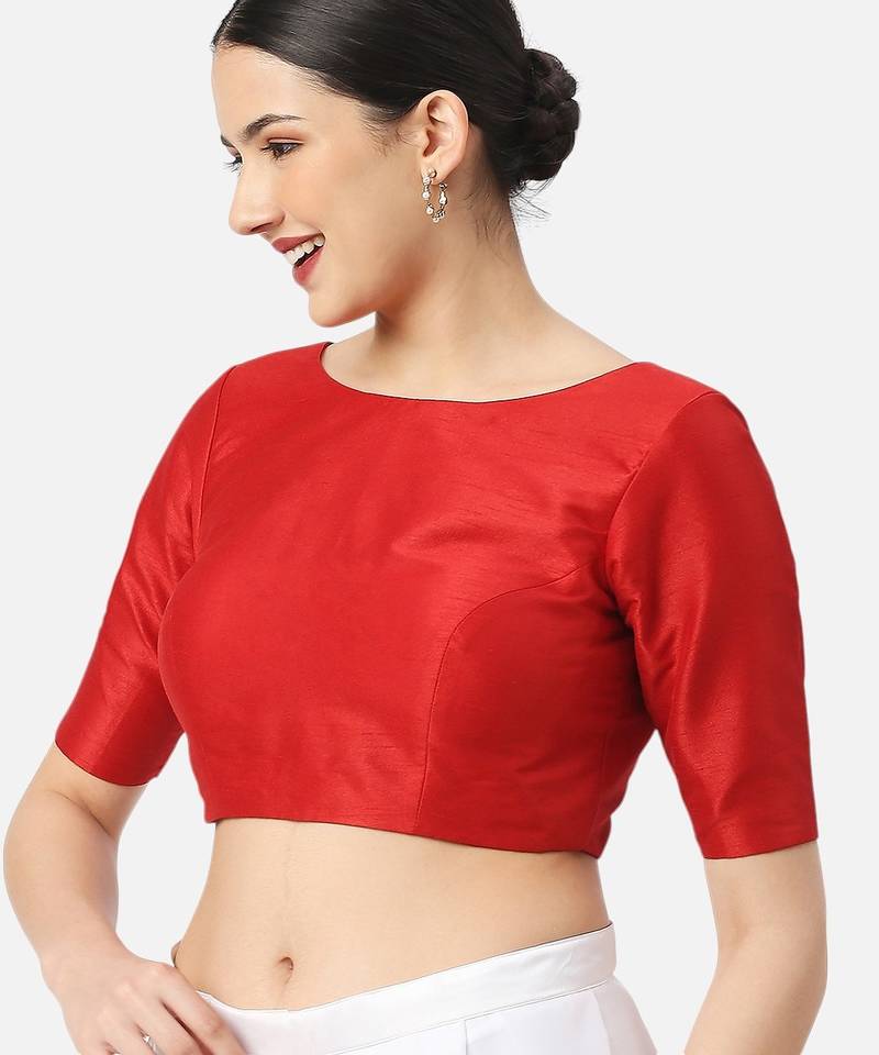 Silk high neck half sleeves red saree blouse readymade