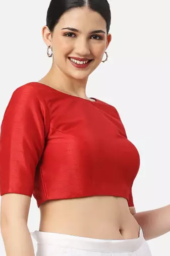 Silk high neck half sleeves red saree blouse readymade