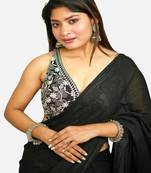 Black cotton deep neck sleeveless readymade blouse