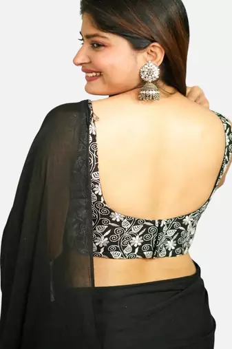 Black cotton deep neck sleeveless readymade blouse