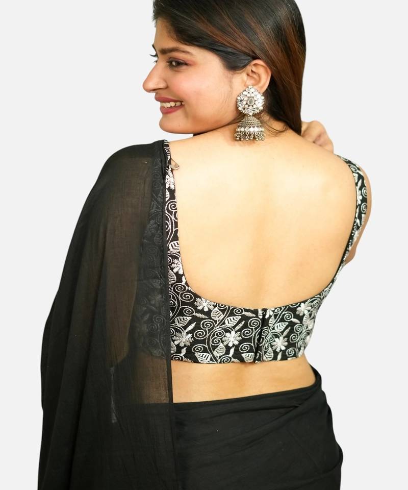Black cotton deep neck sleeveless readymade blouse