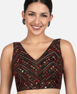 Black cotton sequin & thread work v-neck sleeveless saree blouse 1